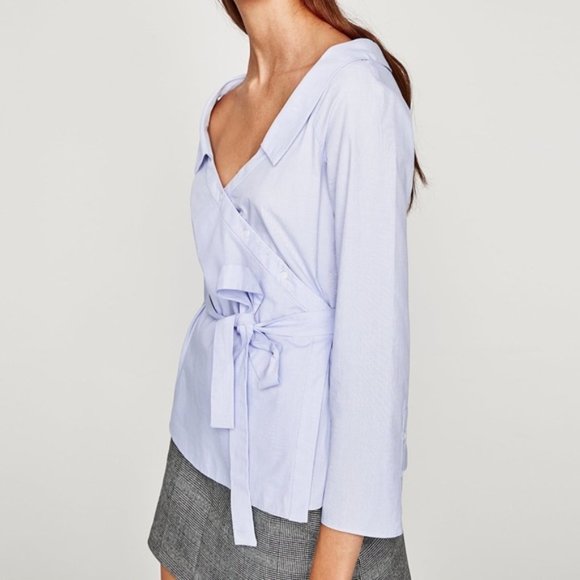 Zara Off-Shoulder Wrap Crossover Shirt - Picture 6 of 10